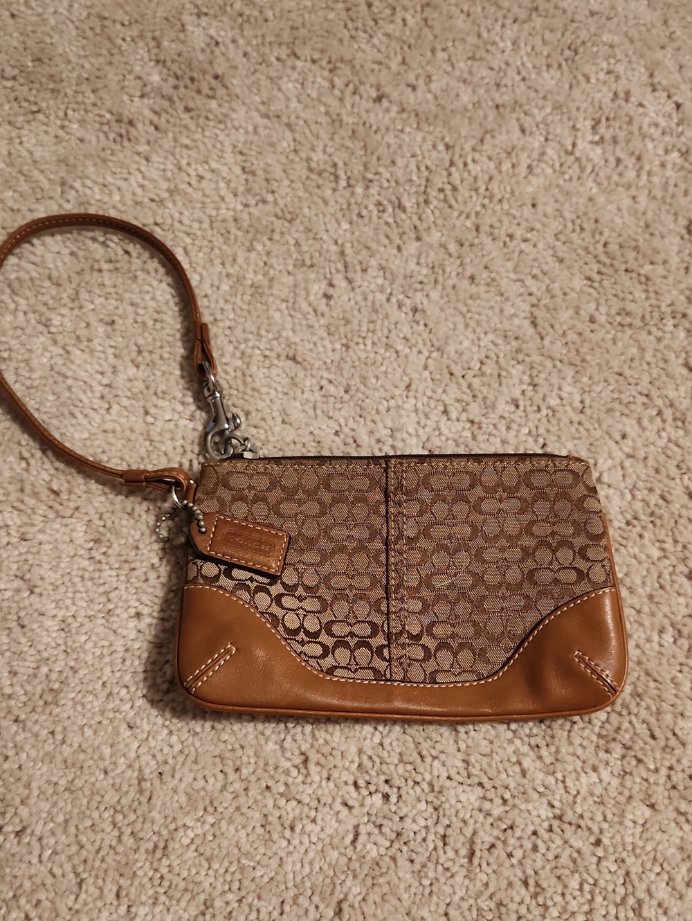 Coach Tan/Brown Signature Canvas Wristlet with Leather Trim
